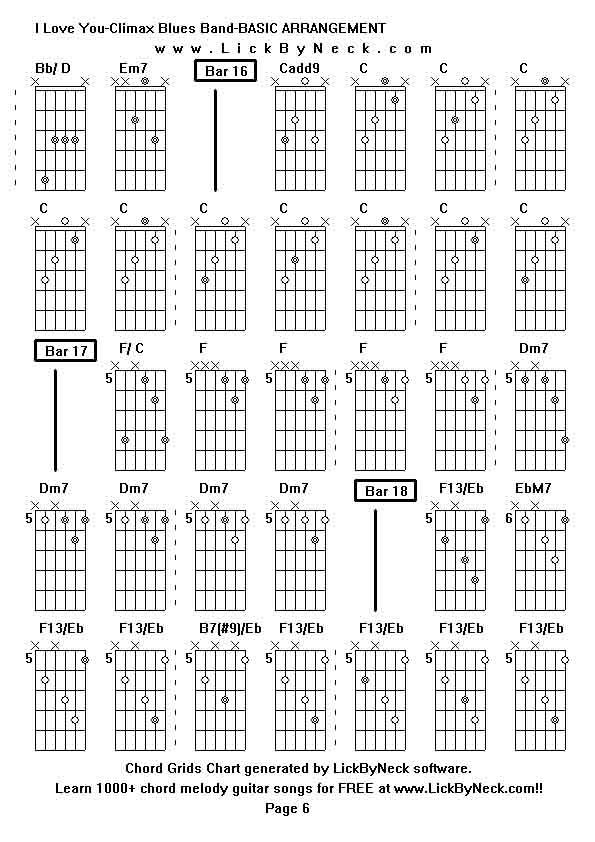 Chord Grids Chart of chord melody fingerstyle guitar song-I Love You-Climax Blues Band-BASIC ARRANGEMENT,generated by LickByNeck software.